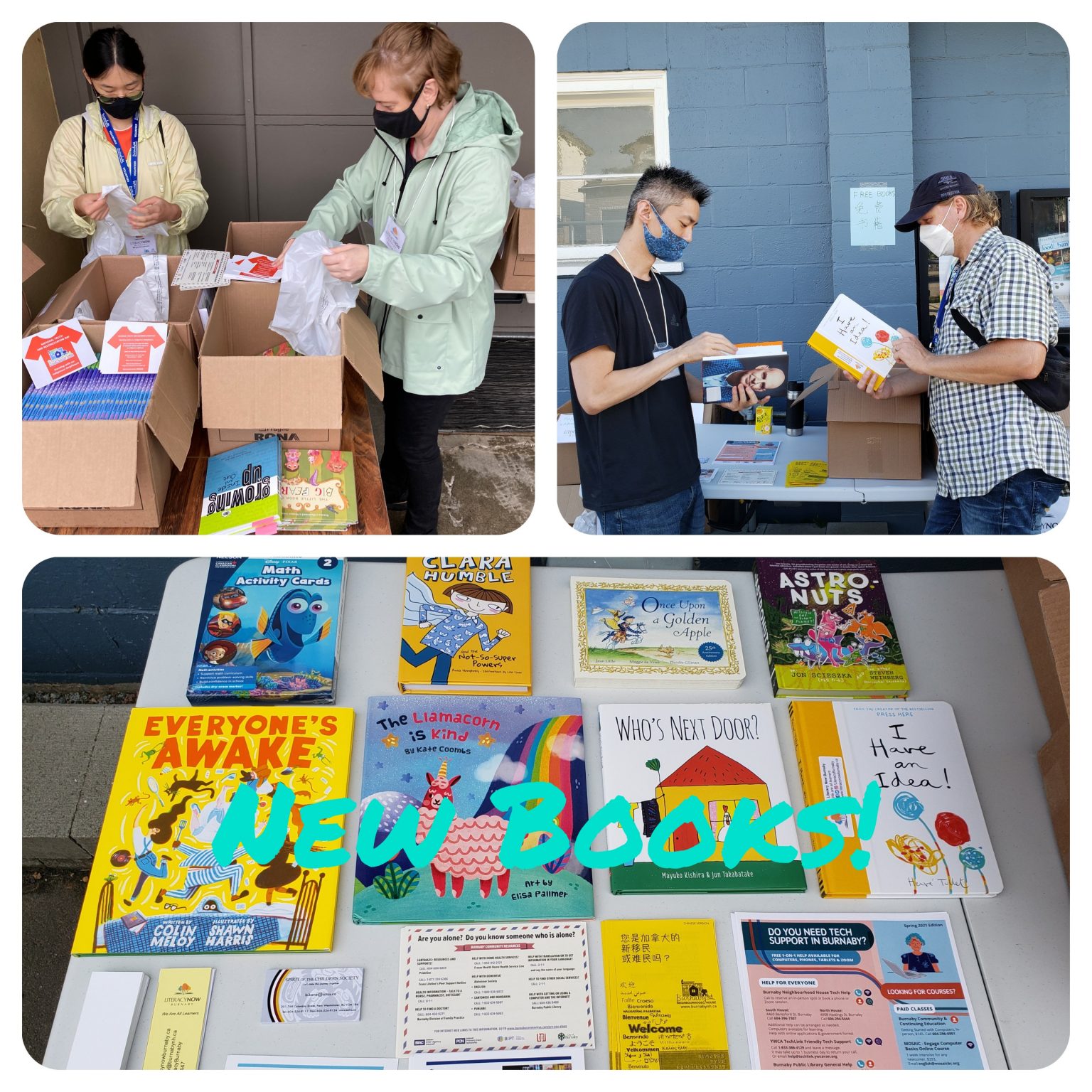Handing out new children's books to families at the Burnaby Neighbourhood House's South Food Hub and at Ryan's Rainbow Emergency Food Outreach Bank, Burnaby, BC. - Literacy Burnaby