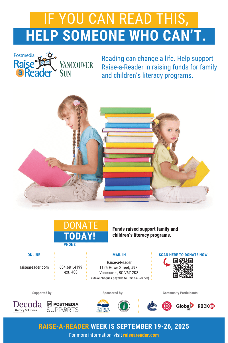 Raise-a-Reader 2025 Campaign Poster, featuring the campaign's information and the picture of 2 blond girls sitting back-to-back supporting themselves on a pile of colourful books.