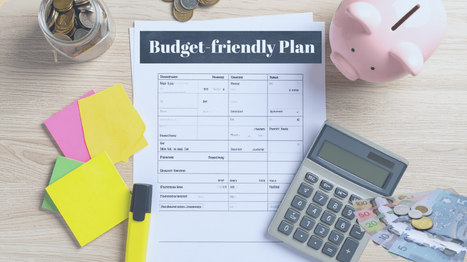 Items to make a budget. Money, sticky notes, spreadsheets, calculator and a pink piggy bank