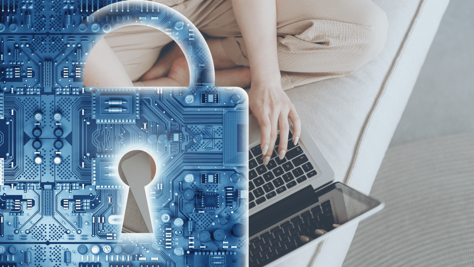 Person using a laptop with digital security icon (a lock) representing safe online habits and cybersecurity.