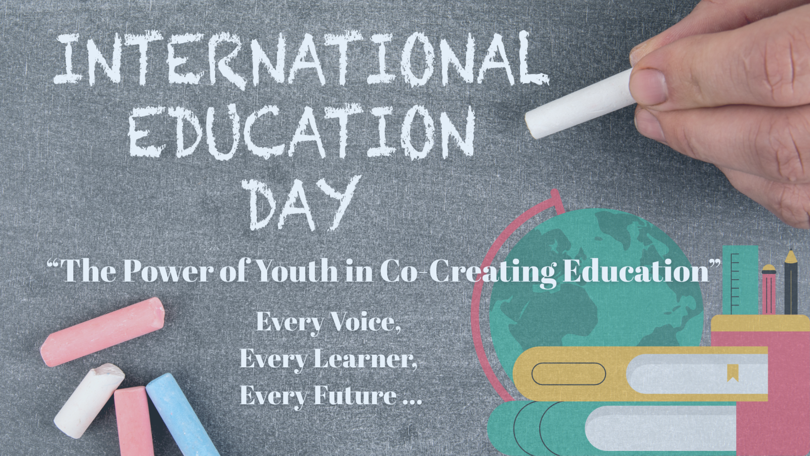 Sign on Chalk board with title "International education day" subtitle "The Power of Youth in Co-Creating Education" and slogan "Every voice, every learner, every future..." surrounded by chalks and a graphic element on the right bottom corner of a world map, some books and school supplies.