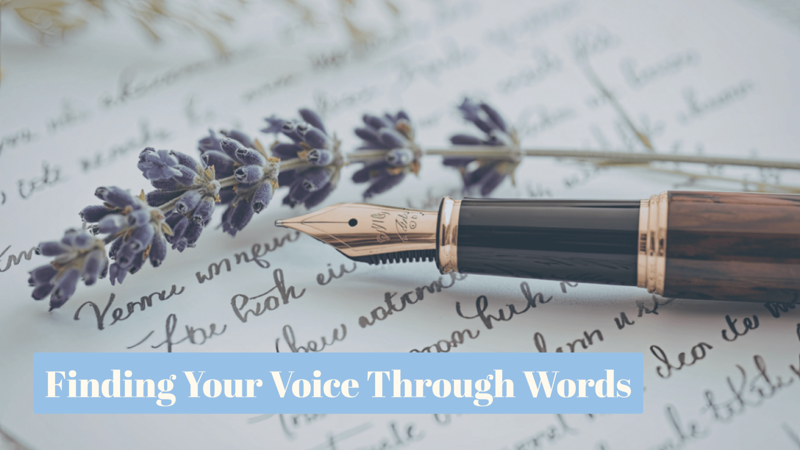 Written poetry on a paper with a lavender and fountain pen on top, representing creative expression