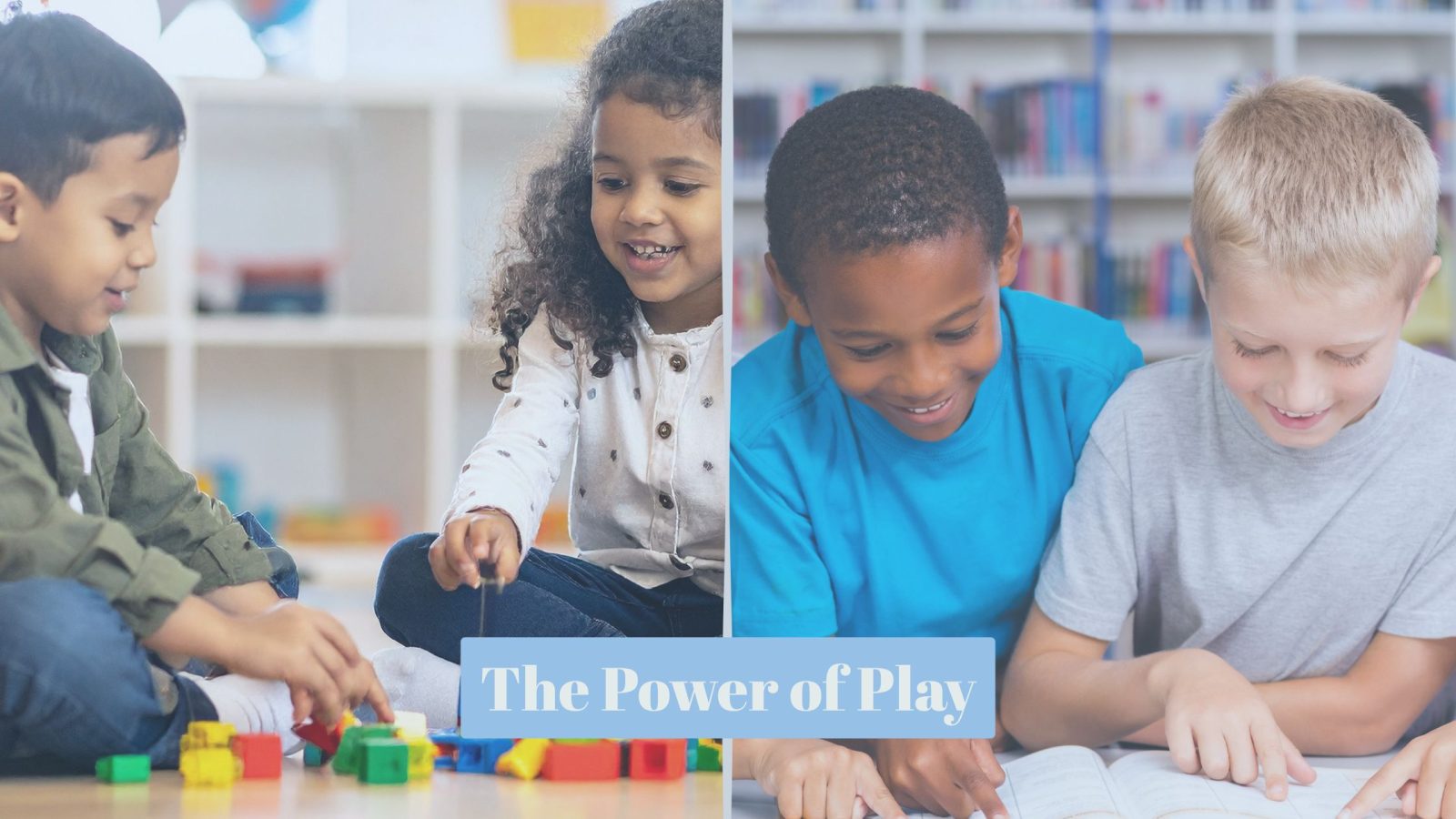 2 photos side by side, on the left children playing together at a library, on the right, children reading together at a library